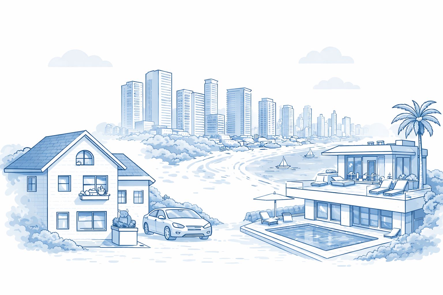 Illustration of Israeli real estate featuring homes, apartments and coastal cityscape